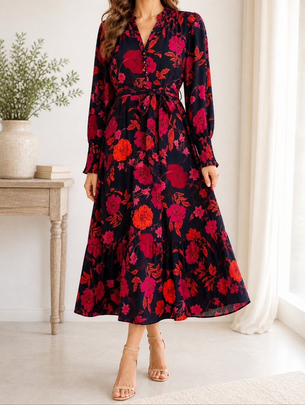 Karl Lagerfeld Paris Floral Midi Dress Navy Pink Red Belted Romantic Size 10